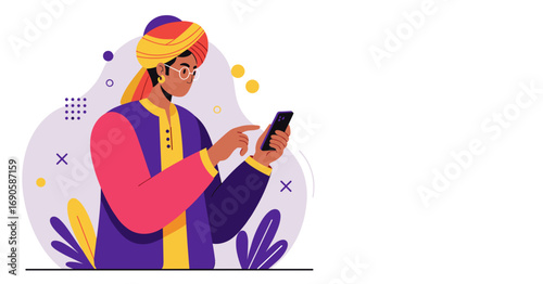 Indian man in traditional turban uses a smartphone, blending heritage with modern technology. Ideal for concepts of digital lifestyle, connectivity, and cultural communication.
