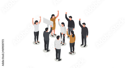 Diverse team celebrating success in isometric style with raised fists