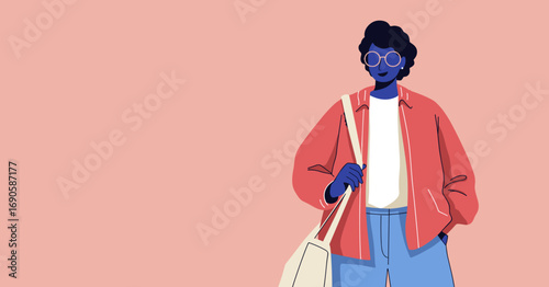 Stylish young person with glasses and a tote bag, casually dressed for everyday life. Modern, diverse individual representing lifestyle and urban fashion.