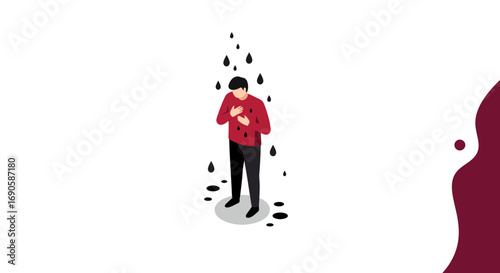 Isometric illustration of sadness and emotional expression with raindrops