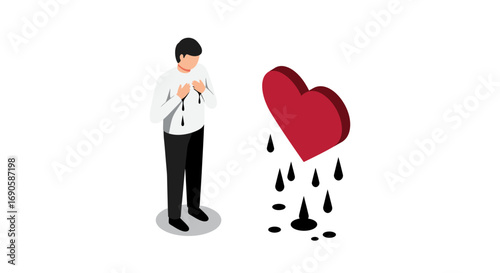 Heartbreak concept: isometric man in grief with heart and teardrops