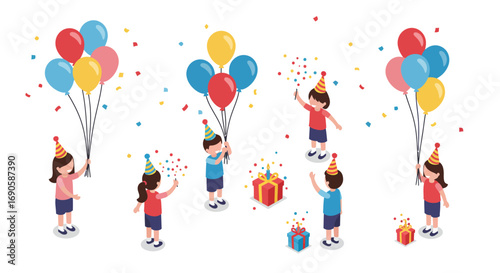 Isometric children celebrating party with balloons and gifts