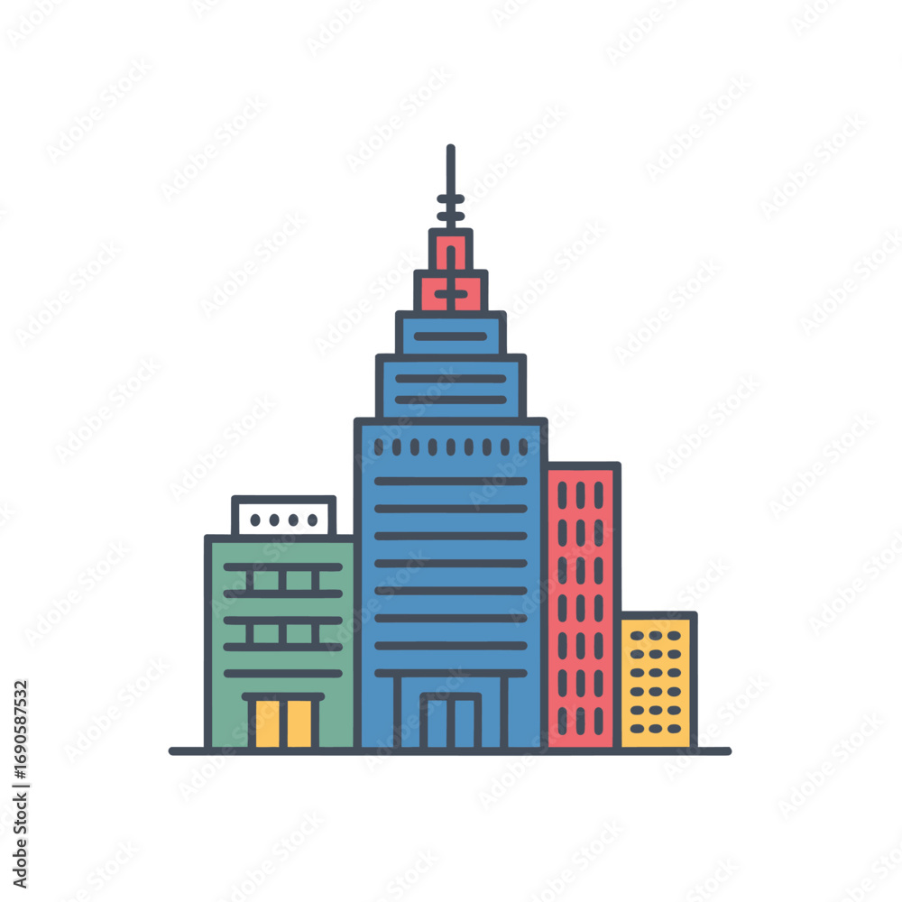 Fototapeta premium Stylized Cityscape With Tall Buildings And A Central Skyscraper architecture