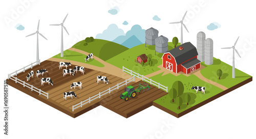 Isometric farm scene with wind turbines and cows in a pastoral landscape