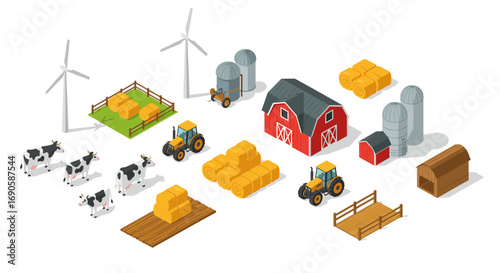 Farm elements set featuring barn, wind turbines, tractors, and livestock in isometric style