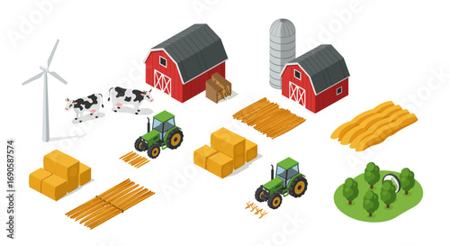 Isometric farm elements: barn, windmill, tractors, and agricultural tools