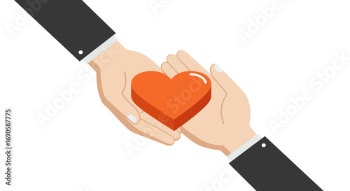 Hands sharing heart symbol for compassion and caring in flat style