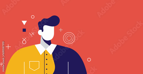 Modern graphic illustration of a man with a split-color shirt, surrounded by geometric shapes on a red background. Ideal for business, technology, or creative concepts.