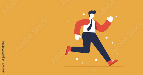 Energetic businessman in a tie and sneakers running quickly, symbolizing speed, ambition, and progress in business or a fast-paced lifestyle.