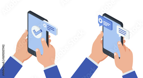 Hands holding smartphones with message notifications and check mark icons