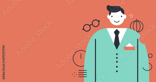 Smiling businessman in a modern flat design. Represents professional success, corporate strategy, global business, and time management. Plenty of copy space.