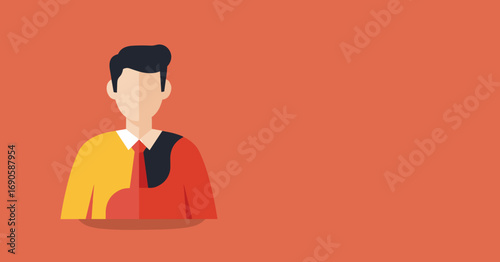 Flat design illustration of a professional man with a dual-color shirt, representing choices, versatile roles, or diverse business concepts. Ideal for modern corporate themes.