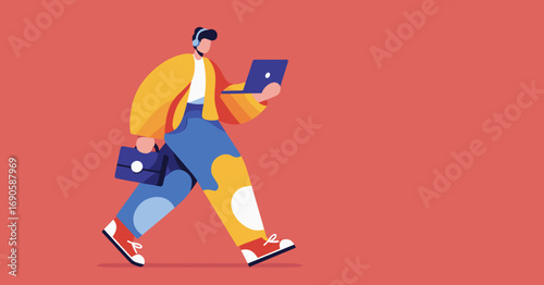 Dynamic illustration of a person walking with headphones, a laptop, and a briefcase, symbolizing productivity, remote work, and a modern on-the-go business lifestyle.
