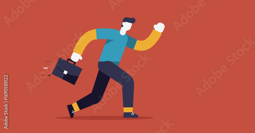 A dynamic illustration of a businessman rushing with a briefcase, conveying concepts of urgency, time management, and career progression. Ideal for business, productivity, or challenge themes.