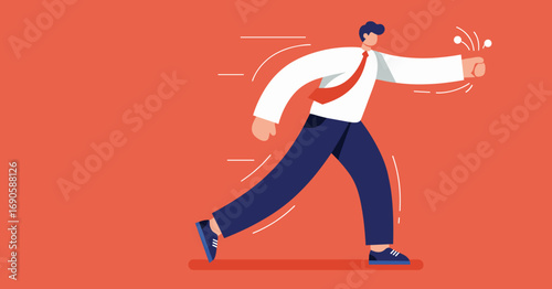 Dynamic businessman running with a powerful punch, symbolizing speed, determination, action, and overcoming challenges in business pursuits.