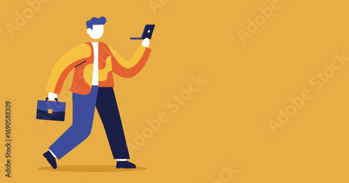 Vibrant illustration of a professional walking, holding a briefcase and laptop. Symbolizes modern business, mobile work, and productivity, perfect for corporate and technology themes.