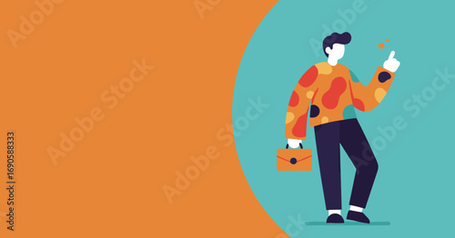 Stylized person with briefcase pointing up, symbolizing a new idea, solution, or business concept. Modern illustration for communication.