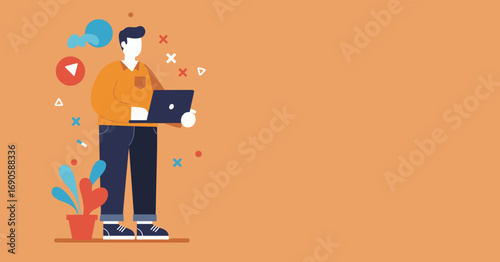 Illustration of a man actively working on a laptop, surrounded by creative and digital media elements. Ideal for concepts of online business, content creation, or remote work.
