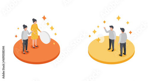 Isometric characters engaging in virtual reality on colorful platforms