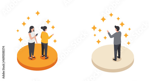 Isometric people engaging in virtual interaction on platforms