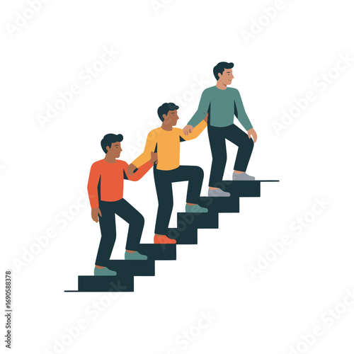 Three men climbing stairs together, helping each other ascend on white background