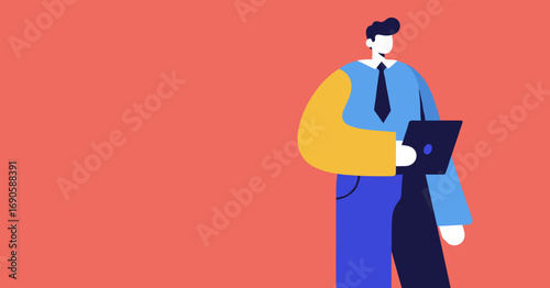 A stylized vector illustration depicts a man in a blue suit holding a laptop, set against a coral background, ideal for business and technology themes.