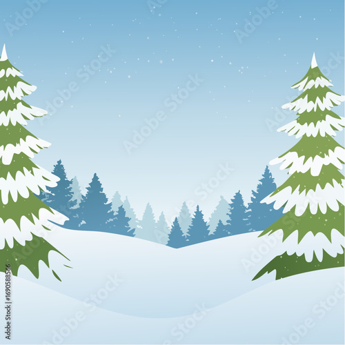 Snowy forest with snowdrifts and snow-covered spruce branches