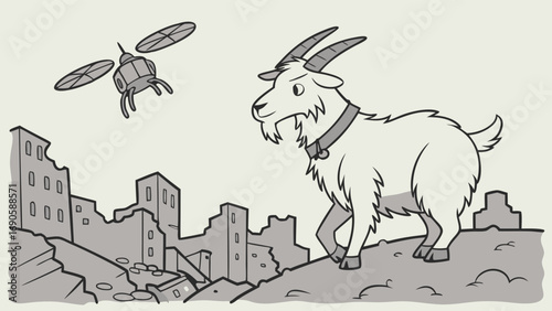 A Curious Goat Observes a Drone Above a Destroyed Cityscape