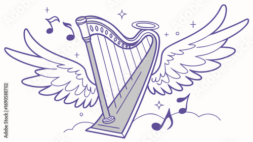 Angelic Harp with Musical Notes and Wings
