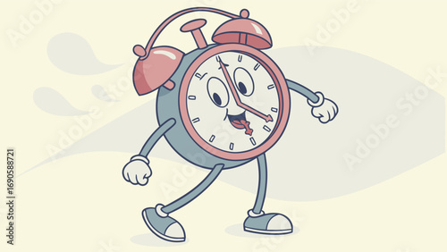 Animated Alarm Clock Character with Shoes Arms and a Playful Expression