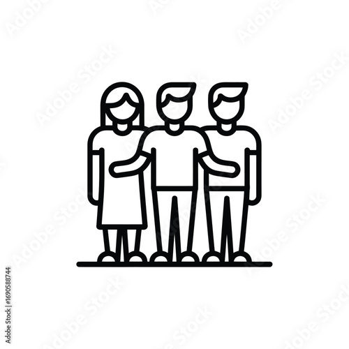 Three people standing together, arms around each other's shoulders group friends