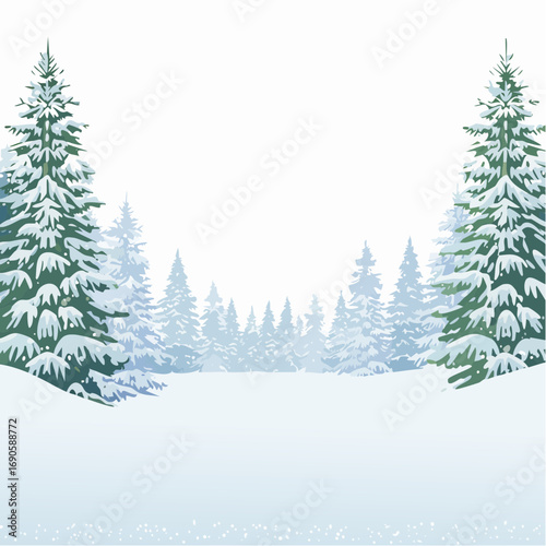 Snowy forest with snowdrifts and snow-covered spruce branches