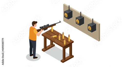 Man practicing shooting at rifle range with silhouette targets