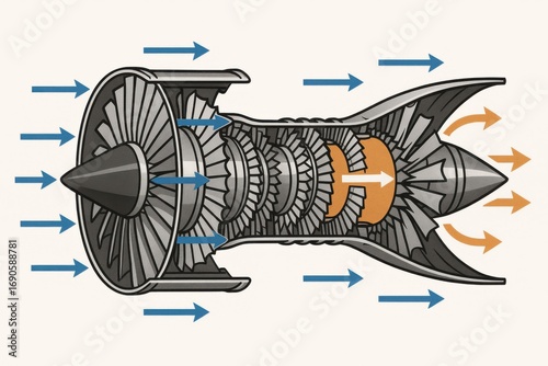 Detailed Diagram of a Jet Engine Showing Internal Components and Airflow.