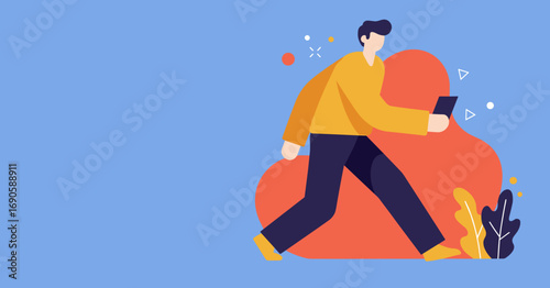 Modern flat design illustration of a man walking and actively using a smartphone, representing digital communication, connectivity, and contemporary mobile lifestyle.