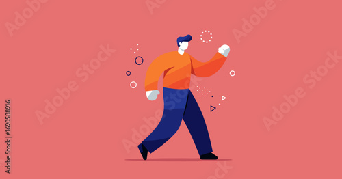 Modern illustration of a confident man striding forward amidst abstract elements, symbolizing progress, innovation, and personal growth for business and lifestyle.