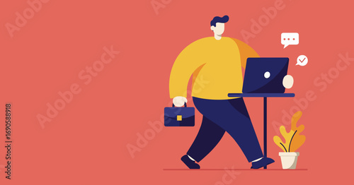 Modern professional walking and working efficiently on a laptop with a briefcase, symbolizing remote work, communication, and business productivity.