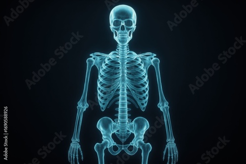 Anatomical X-ray of the human skeleton showing the upper body on a black background.