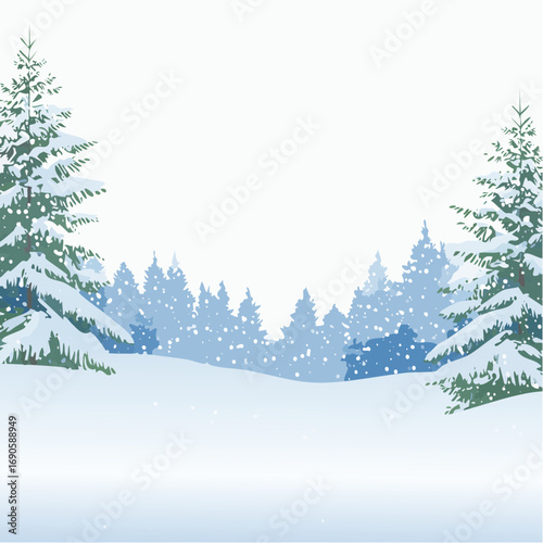 Snowy forest with snowdrifts and snow-covered spruce branches