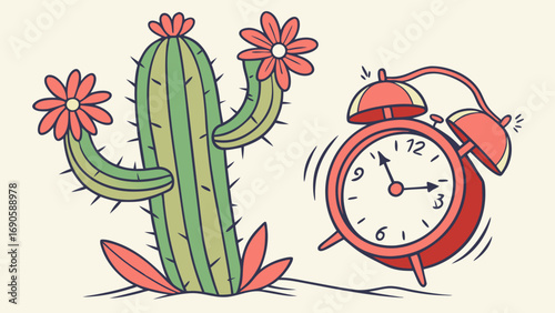 Cartoon Cactus with Flowers and Ringing Alarm Clock Illustration