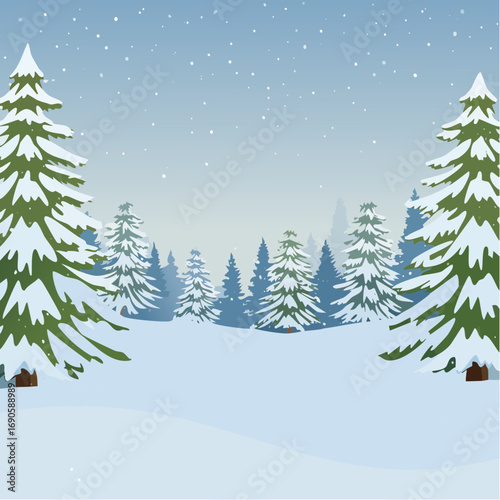 Snowy forest with snowdrifts and snow-covered spruce branches