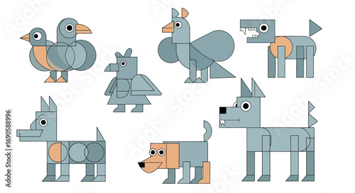 Geometric animal illustrations featuring stylized birds and dogs in a playful collection.