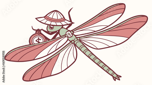 Cartoon Dragonfly with a Conical Hat and Compass Featuring Pink and Green Accents