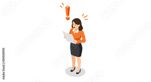 Surprised businesswoman reading document with exclamation mark in isometric style