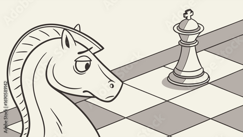 Cartoon Knight Chess Piece with Downcast Expression Facing a King Piece