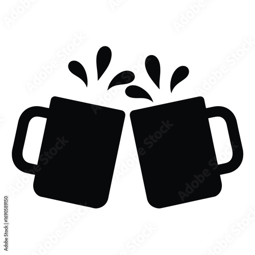 Two black mugs clinking with splashing liquid on white background toast cheers