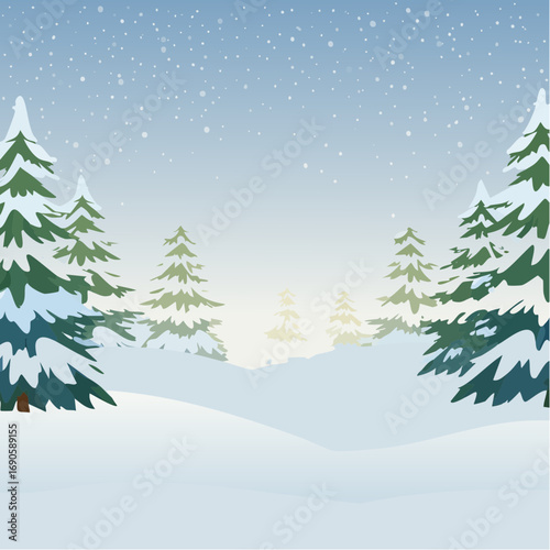 Snowy forest with snowdrifts and snow-covered spruce branches