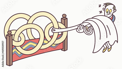 Cartoon Man Trying to Pull a Blanket Over Himself on a Bed with Intricate Design