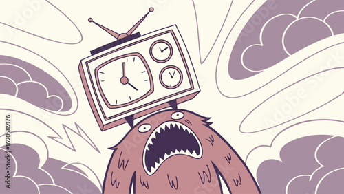 Cartoon Monster with a Television Head Displaying Clock Faces and Antennae