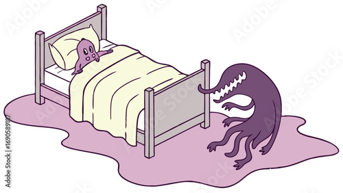 Cartoon Monster Appears to Scare a Creature in Bed at Night
